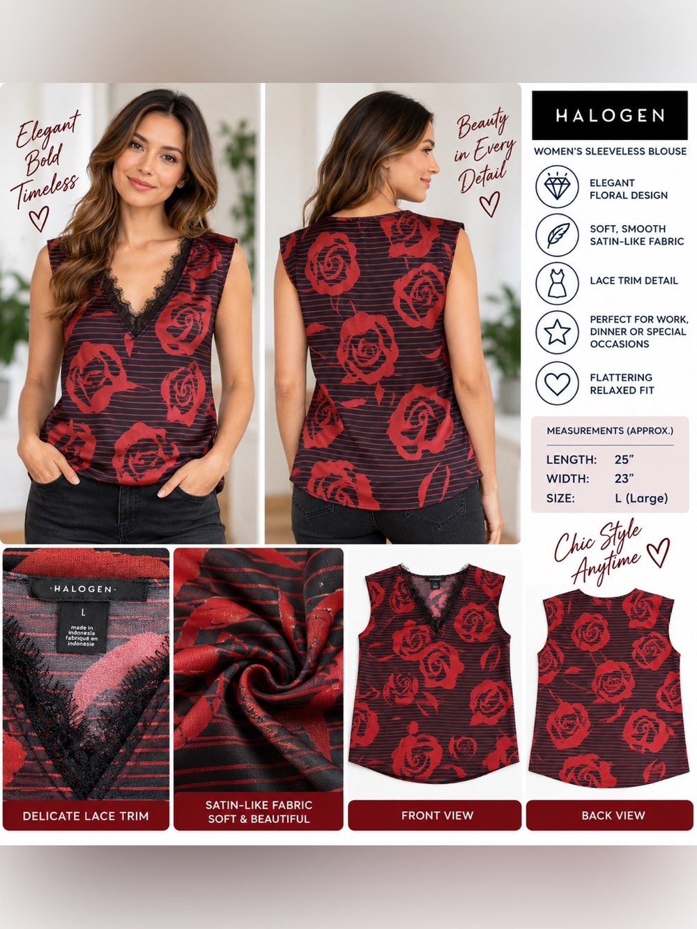 Halogen Women’s Large Red Black Floral Sleeveless V-Neck Lace Trim Blouse